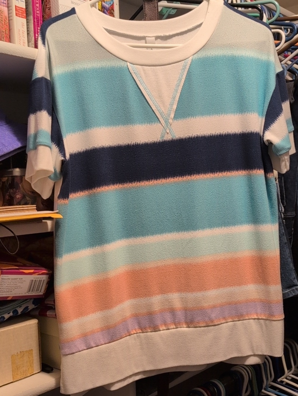 Honeyme Striped Short-Sleeve Top in Aqua, Navy & Peach